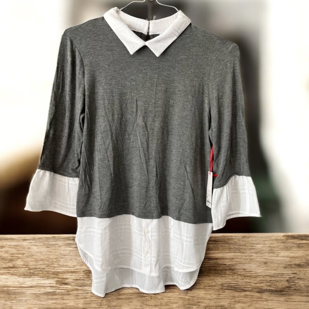 Elle Layered Tunic Top Gray White Faux Shirt Collar Hem Women’s Size S NWT